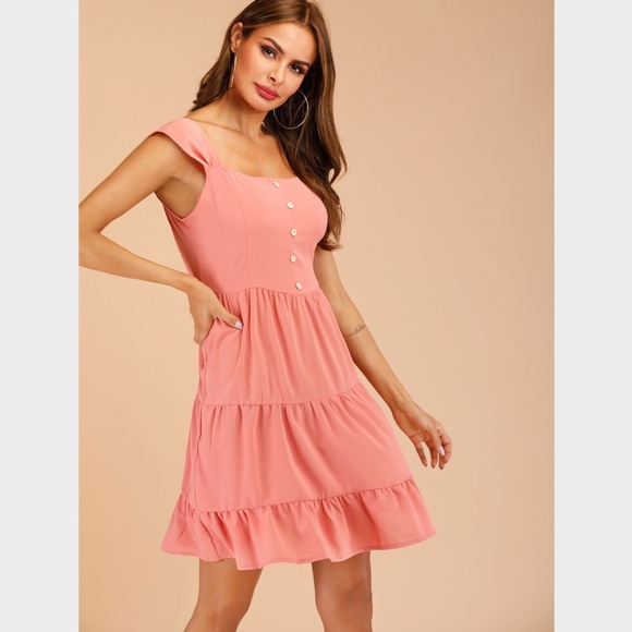 Button & Ruffle Detail Pink Mini Summer Dress - Picture 5 of 8
